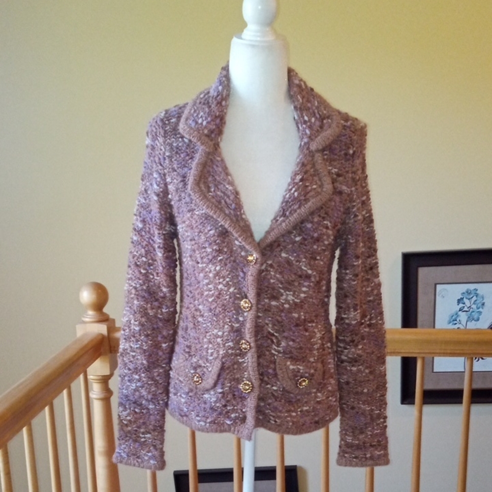 Vintage Lynn Ritchie Elegant Purple Tweed Lined Cardigan with Gold Accents